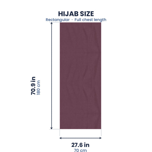 Size guide for the purple jersey hijab, 70.9 by 27.6 inches