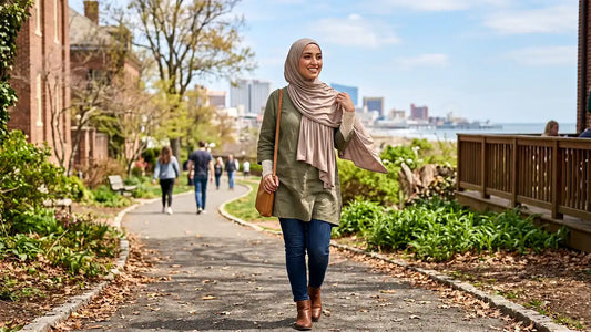 Woman walking outdoors wearing a soft bamboo modal hijab — Best Bamboo Modal Hijab Guide for Women in the USA by Wazi Empire