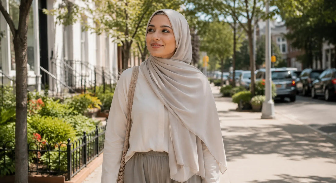Woman wearing a lightweight beige hijab walking down a sunny tree-lined street in summer