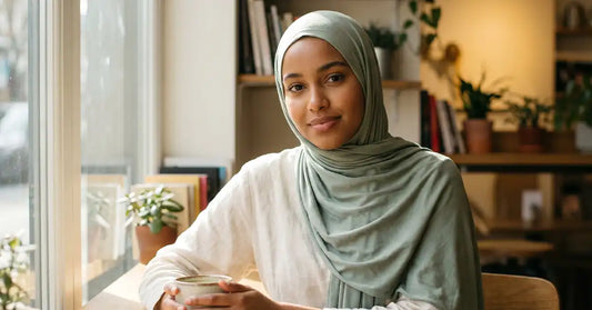 Woman wearing soft bamboo modal hijab in sage green sitting comfortably at a cafe — Wazi Empire bamboo hijab for sensitive scalp USA