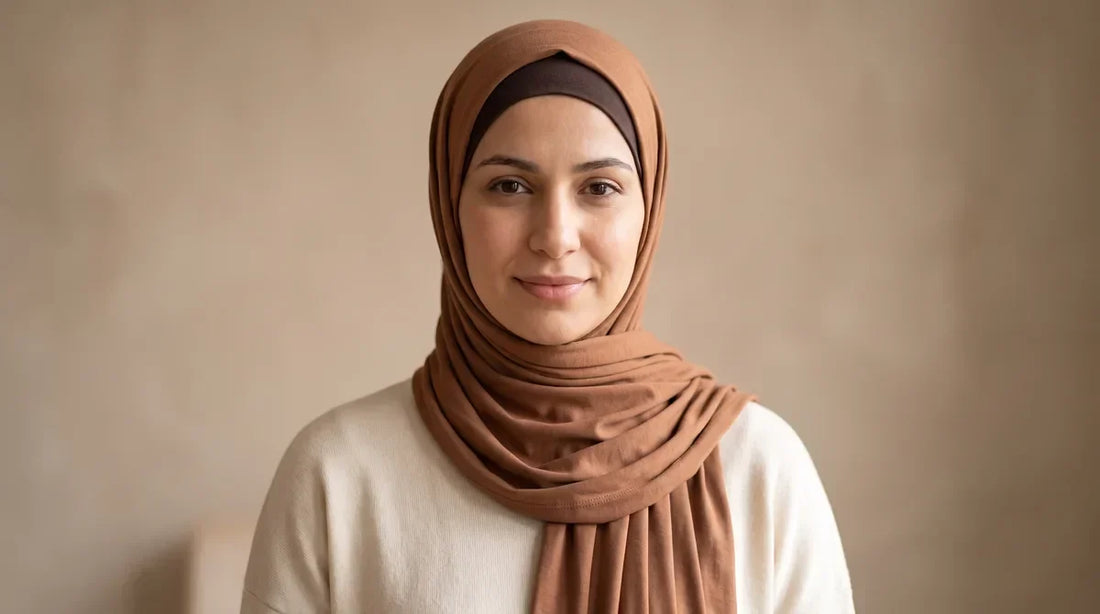 Woman wearing a brown cotton jersey hijab over a darker brown hijab cap, with a cream top