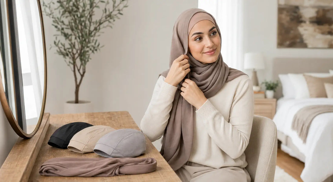 Woman adjusting a taupe hijab at a table with folded hijab undercaps in black, beige and mauve