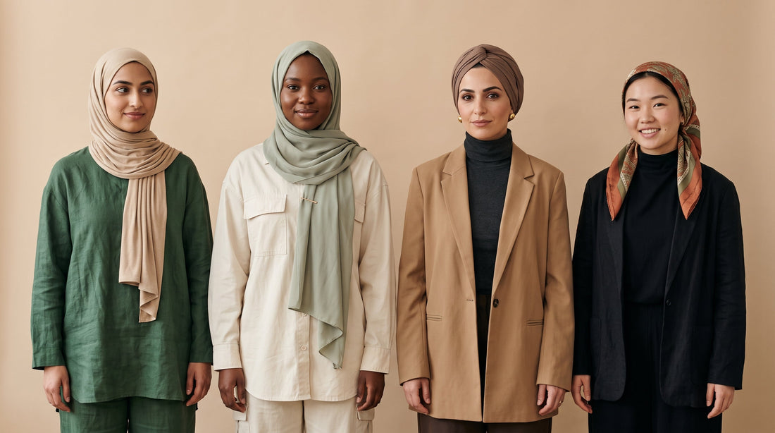 Four women side by side wearing a hijab, a shayla, a turban and a loose headscarf