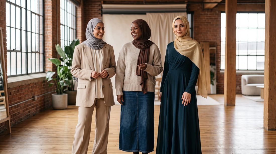 Three women in modest chic outfits for work, weekend and evening, each with a hijab