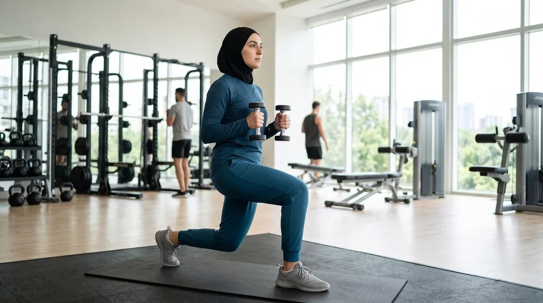 Woman doing a lunge with dumbbells in a gym, wearing a black jersey sport hijab with the ends tucked in