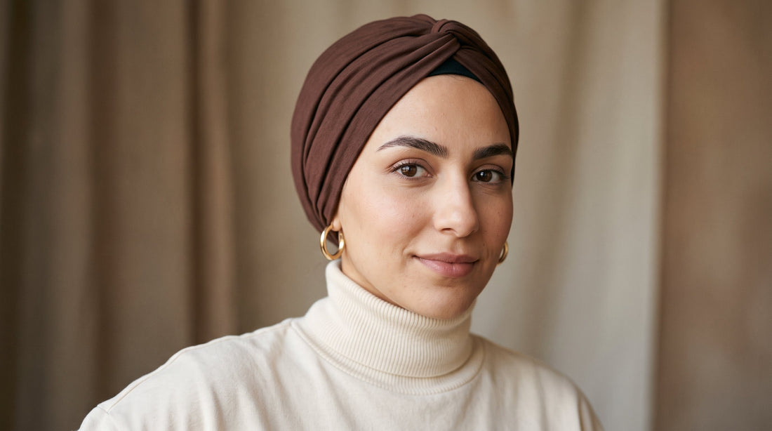 Woman wearing a brown modal turban hijab with a twisted front and a cream turtleneck
