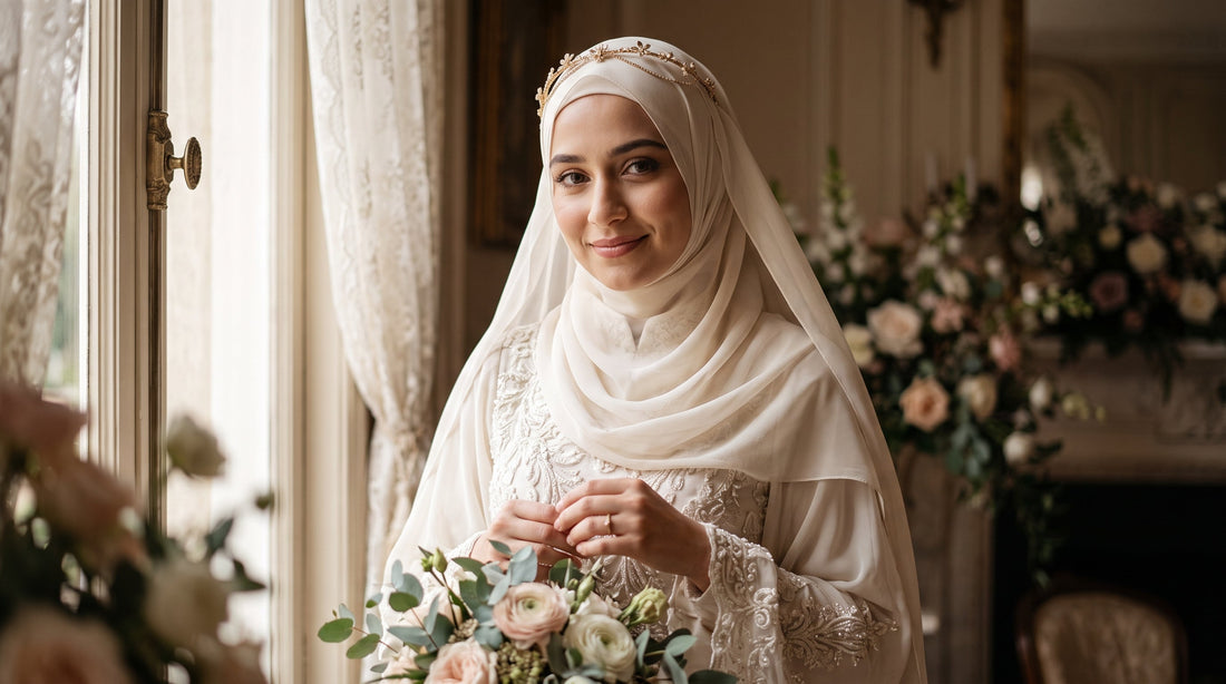 Bride wearing a soft layered chiffon bridal hijab with a delicate gold headpiece