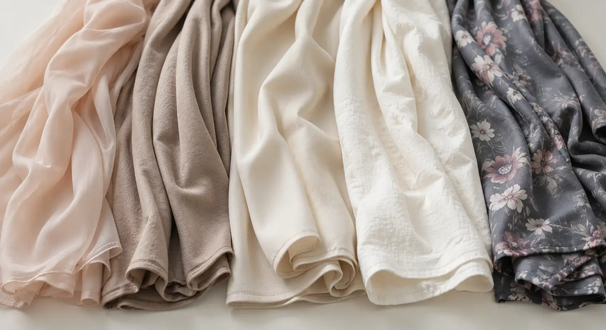 Hijabs in a range of colors displayed together, from neutrals to richer tones
