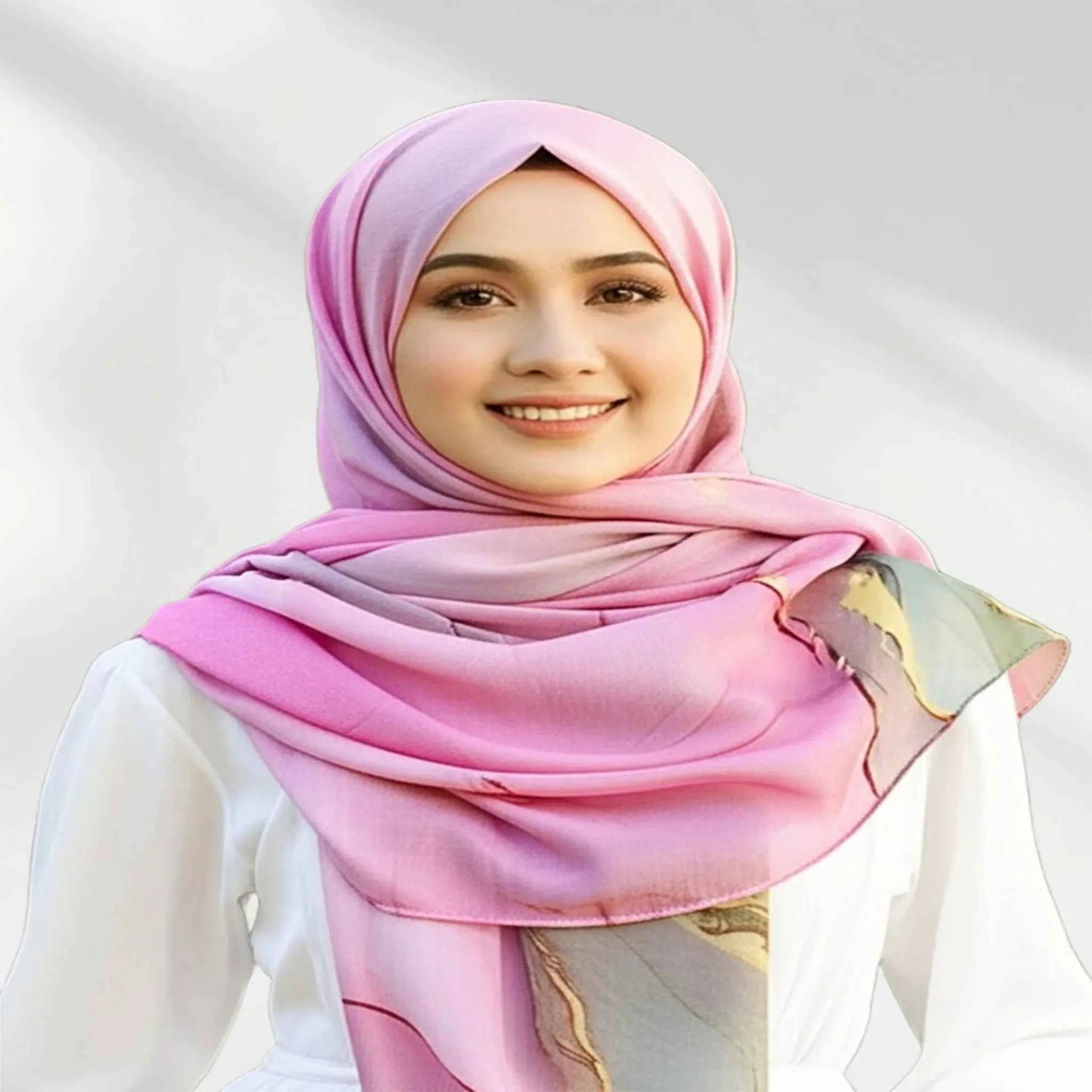 Printed watercolor hijab USA in soft pink modal, worn as a modest fashion scarf from Wazi Empire