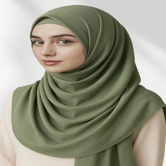 Wazi Empire Muted Green Color Bamboo Modal Hijab with Inner Cap and Model
