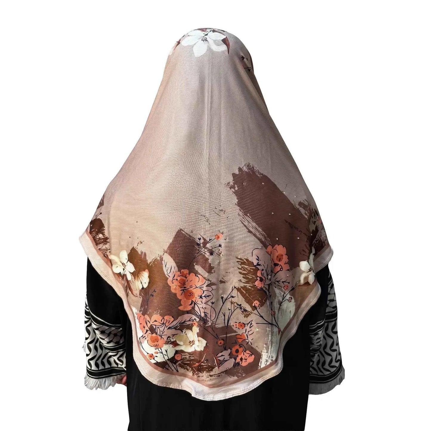 Back view of the Dusty Beige ready to wear hijab showing full chest-length coverage and floral border