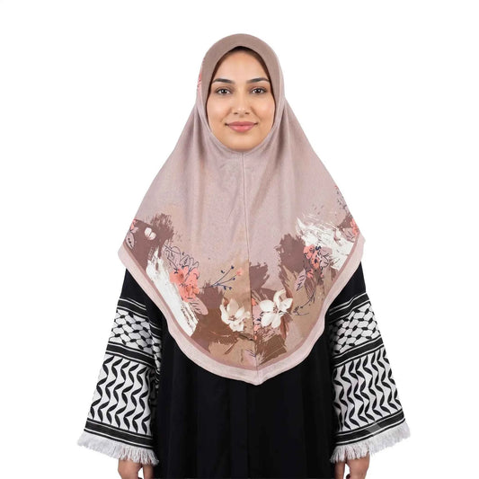 A women wearing a Beige floral instant hijab, front view - one piece hijab with coral, peach and ivory watercolor flower border