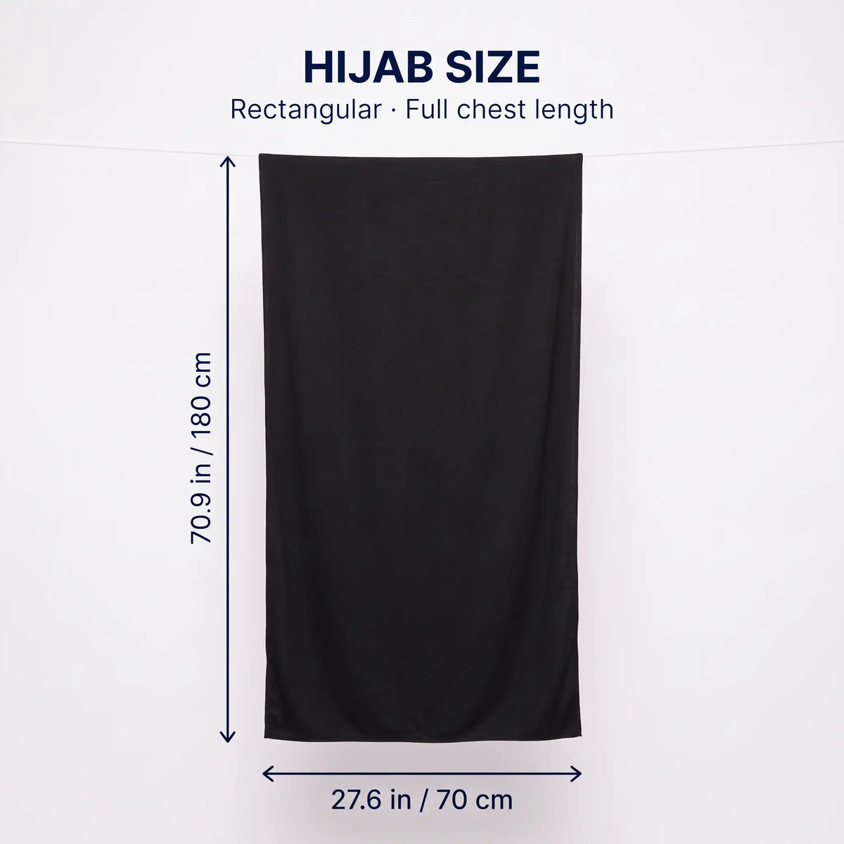 Size guide for the black jersey hijab, 70.9 by 27.6 inches