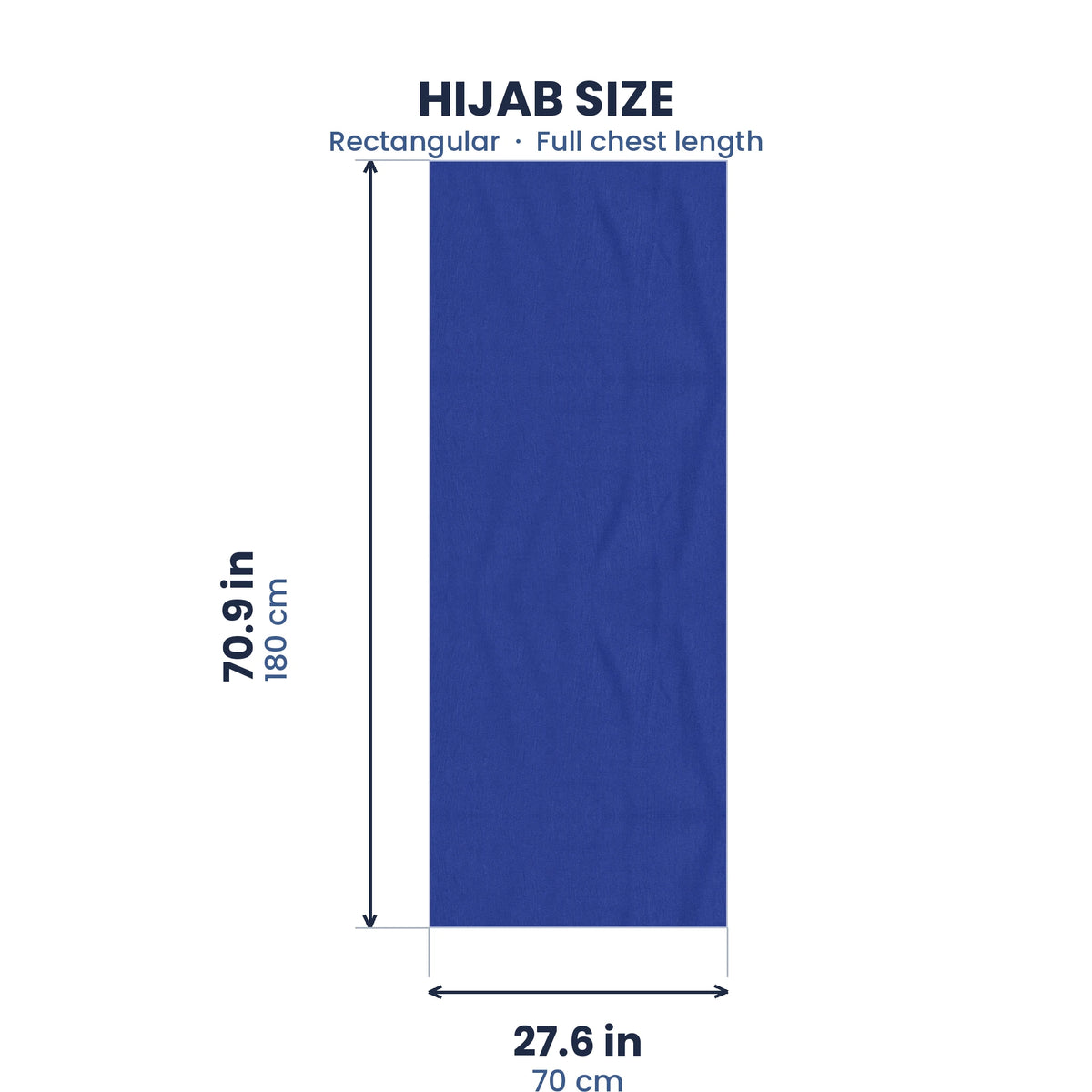 Size guide for the blue jersey hijab, 70.9 by 27.6 inches