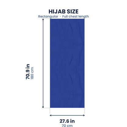 Size guide for the blue jersey hijab, 70.9 by 27.6 inches
