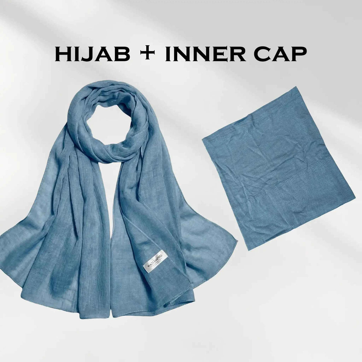 Blue modal hijab and matching hijab cap set laid flat on a white background