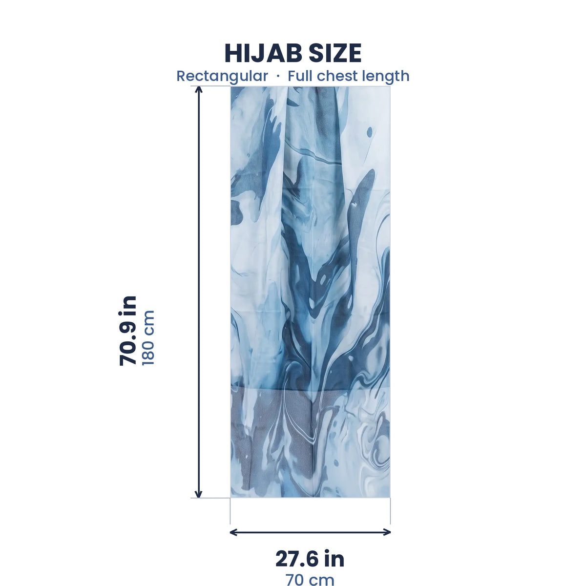 Full length blue printed modal hijab hanging on a line, denim blue and white marble print