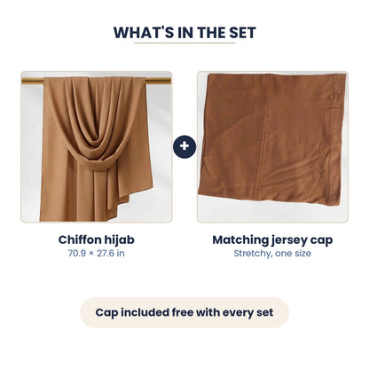 Brown chiffon hijab with the free jersey cap included in the set