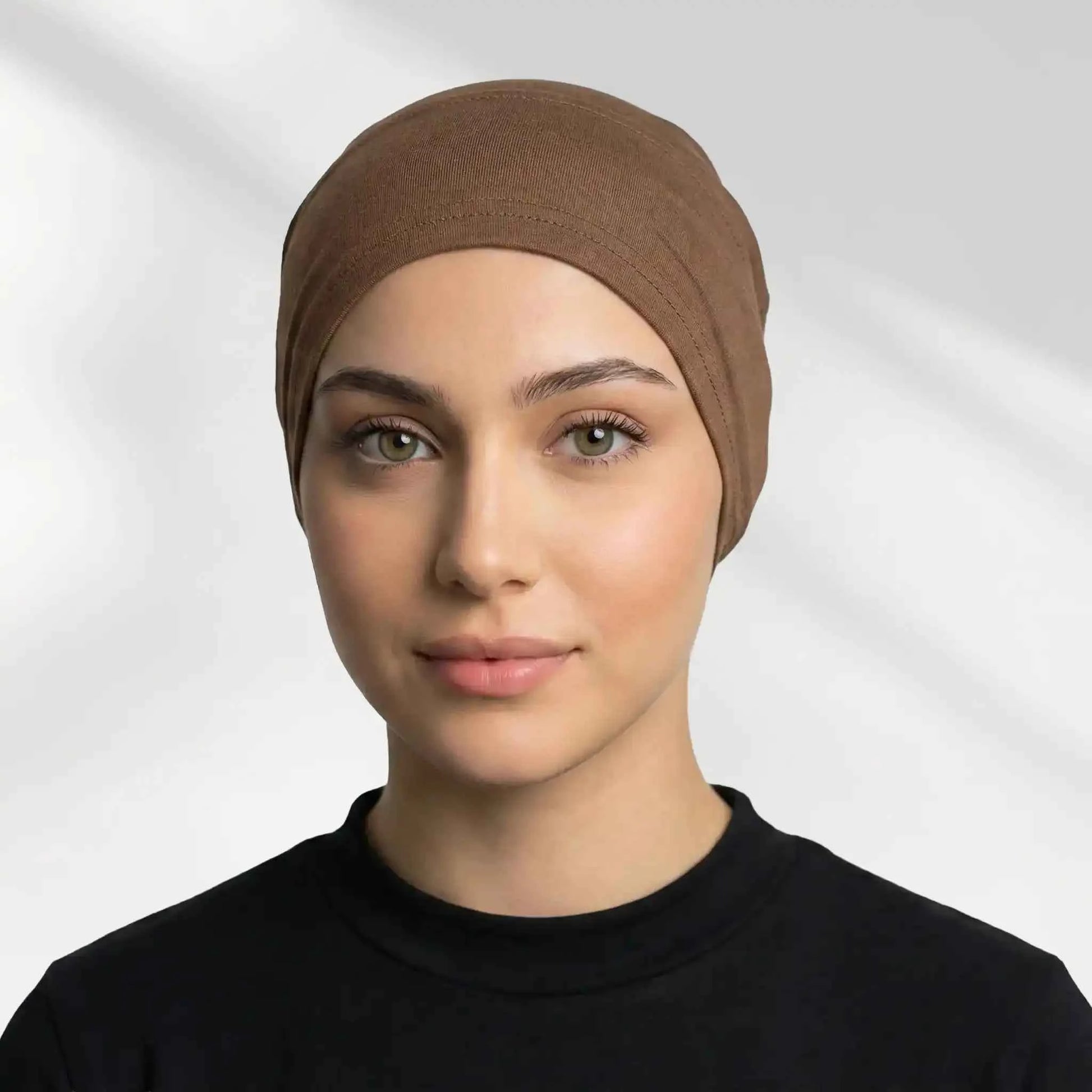 Brown hijab cap worn on its own showing full hairline and ear coverage