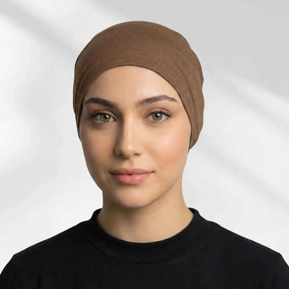 Brown hijab cap worn on its own showing full hairline and ear coverage
