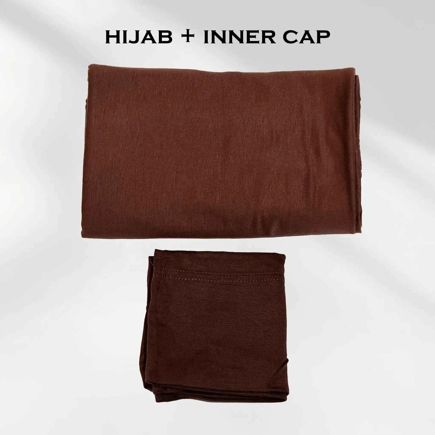 Brown jersey hijab shown with the separate matching hijab cap beside it