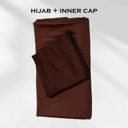Brown jersey hijab and matching hijab cap laid flat, showing the soft stretch fabric