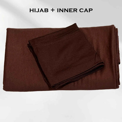 Brown jersey hijab folded with its matching hijab cap, shown as a complete set