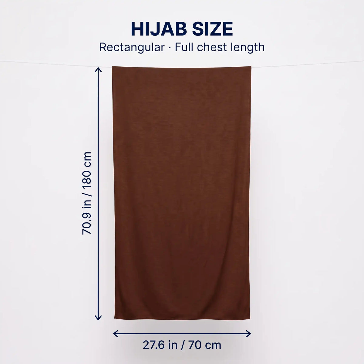 Size guide for the brown jersey hijab, 70.9 by 27.6 inches