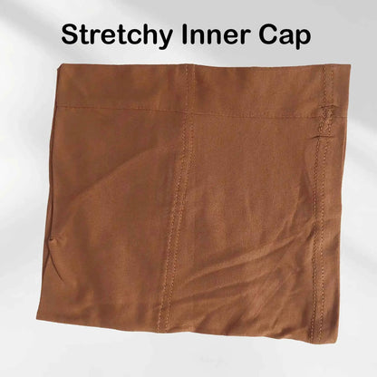 Brown stretchy jersey hijab undercap for brown chiffon hijab styling.
