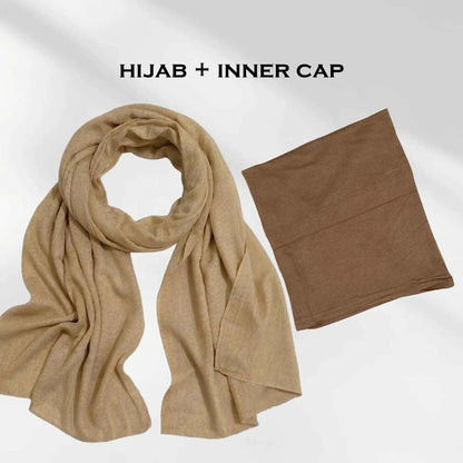 Brown modal hijab and free hijab undercap shown together as a complete set 
