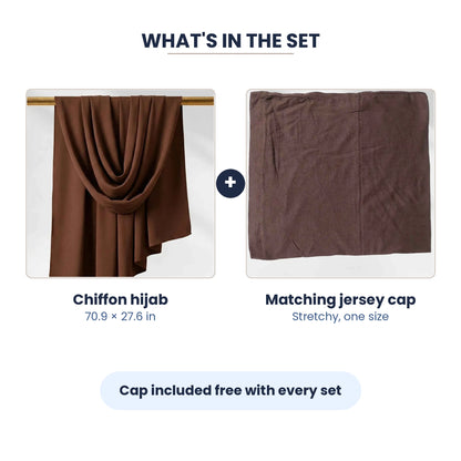 Chocolate brown chiffon hijab with the free jersey cap included in the set