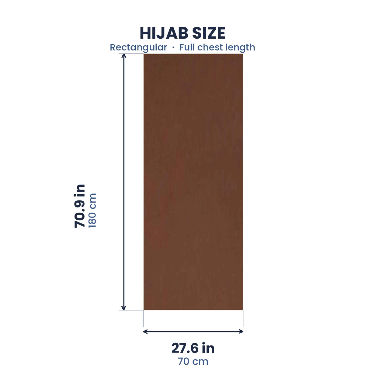 Size guide for the chocolate brown chiffon hijab, 70.9 by 27.6 inches