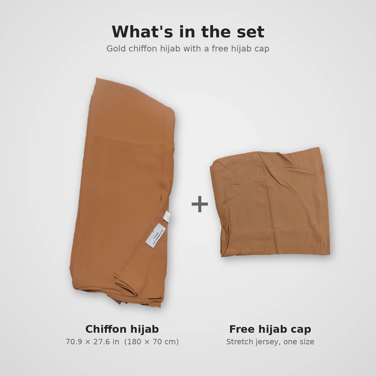 Gold chiffon hijab with the free jersey hijab cap included in the set