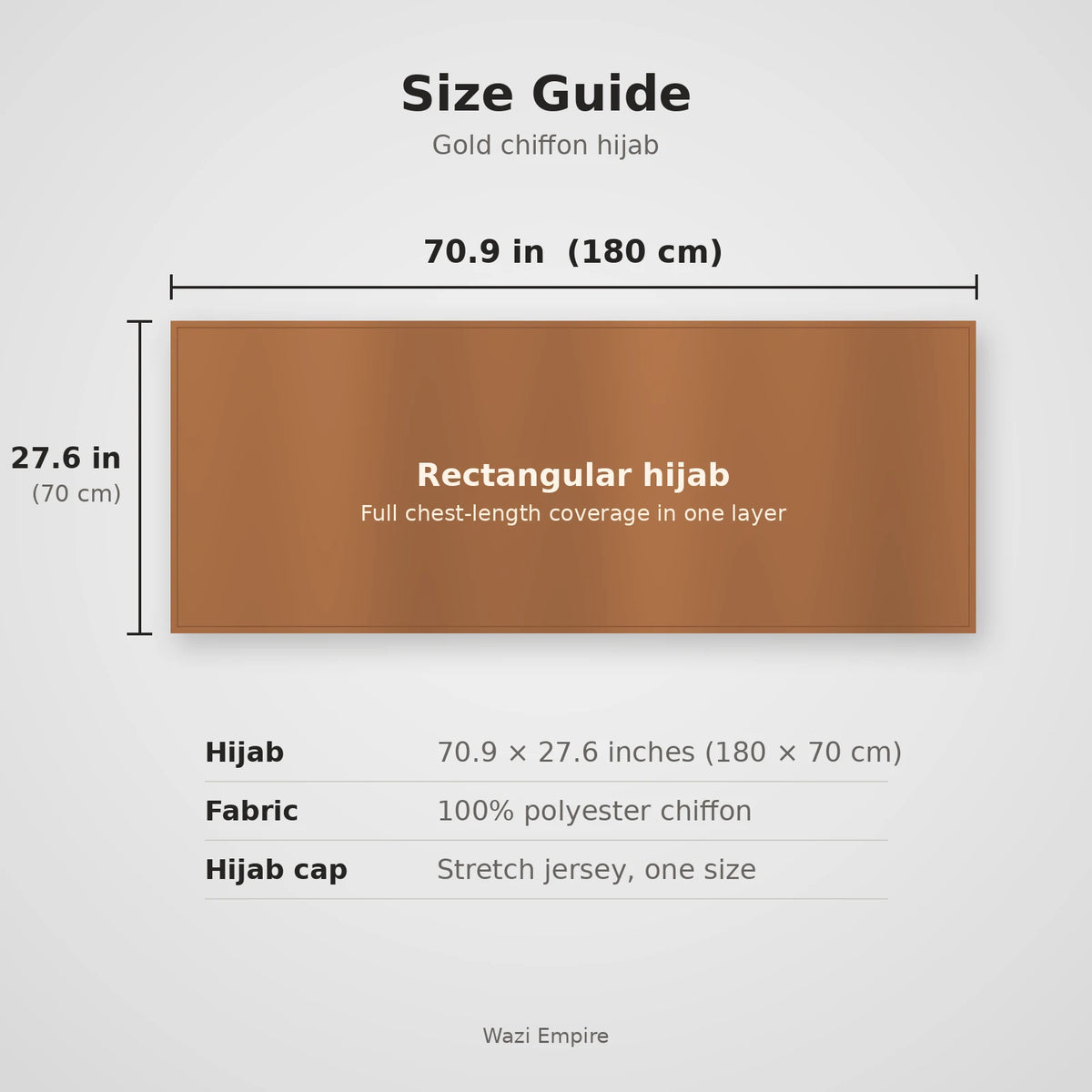 Size guide for the gold chiffon hijab, 70.9 by 27.6 inches