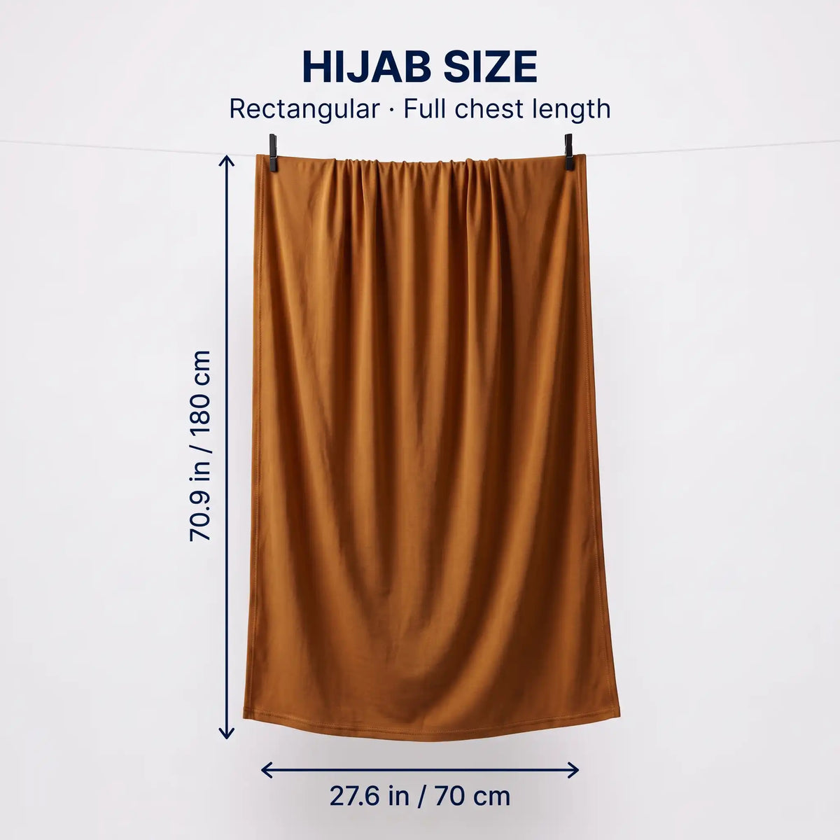 Size guide for the gold jersey hijab, 70.9 by 27.6 inches