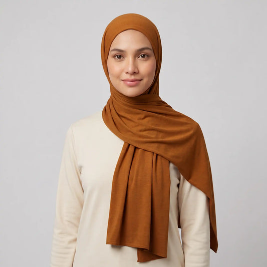 Woman wearing a gold jersey hijab