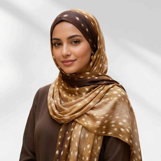 Golden Fawn printed modal hijab in an amber and cream deer dapple ombre, shown draped