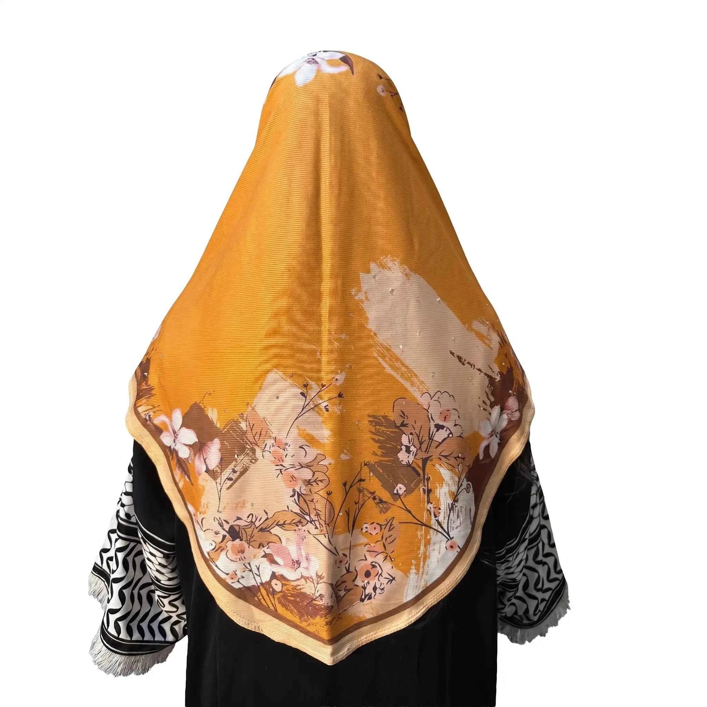 Back view of golden floral instant hijab scarf showing head and full back coverage with flower print border