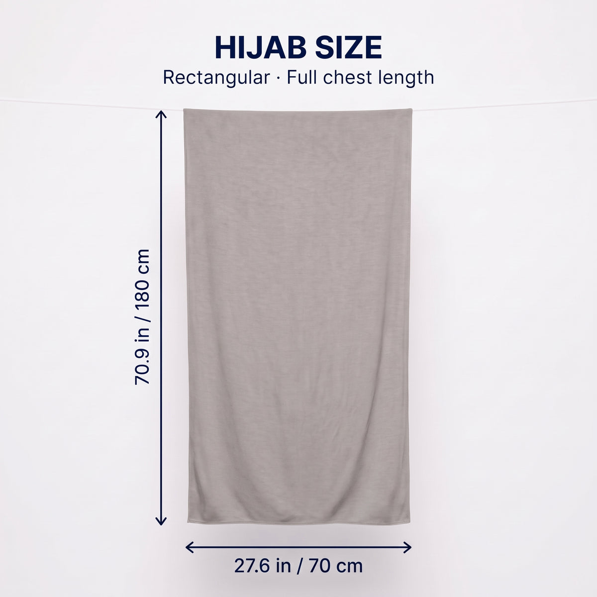 Size guide for the grey jersey hijab, 70.9 by 27.6 inches