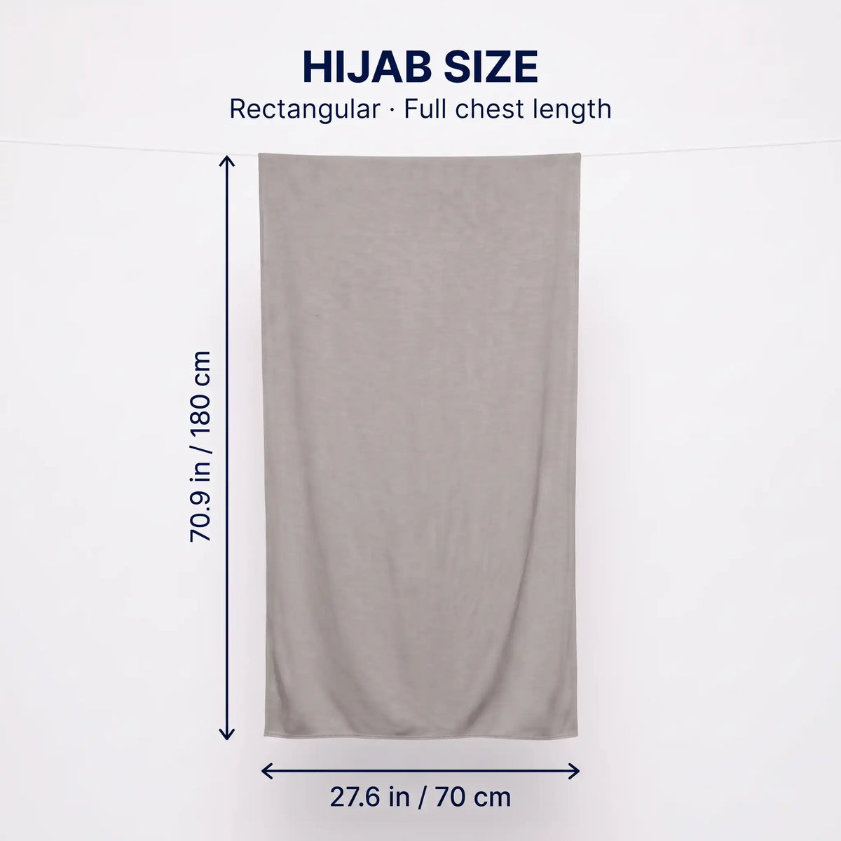 Size guide for the grey jersey hijab, 70.9 by 27.6 inches
