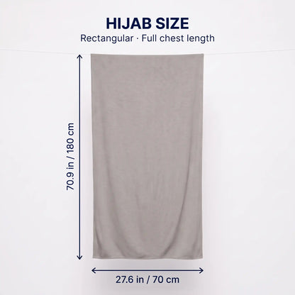 Size guide for the grey jersey hijab, 70.9 by 27.6 inches