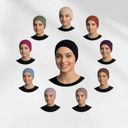 Ten hijab caps shown worn, in black, beige, olive green, rust, burgundy, purple, blue, brown, grey and mauve