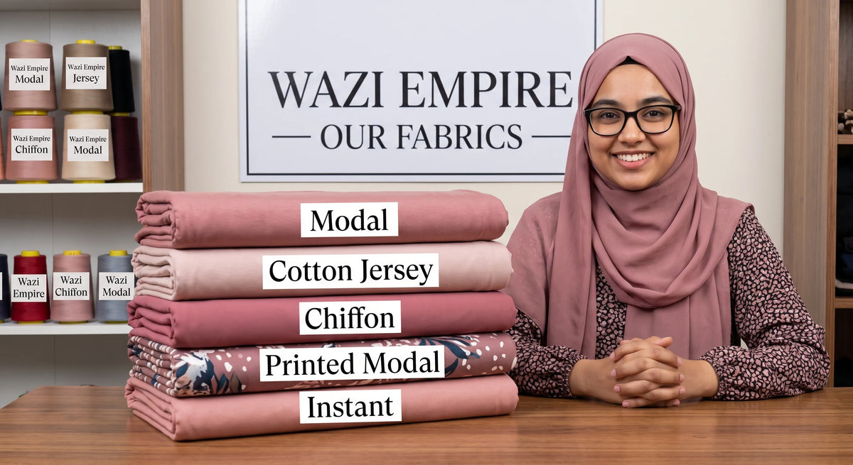 Woman in a pink hijab beside folded modal, cotton jersey, chiffon, printed modal and instant hijab fabrics