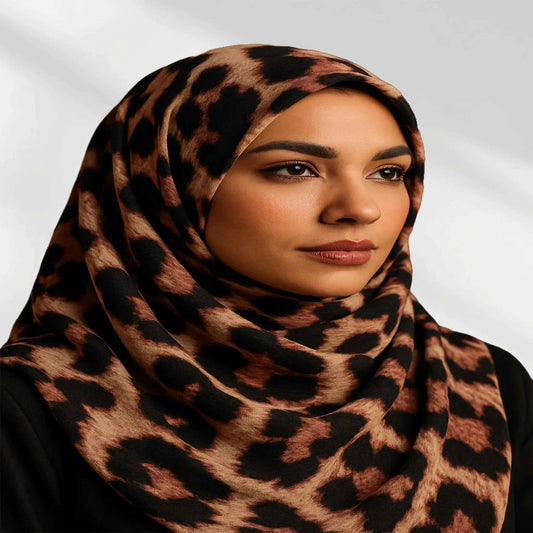 Leopard print hijab in soft modal, worn and draped for full chest coverage