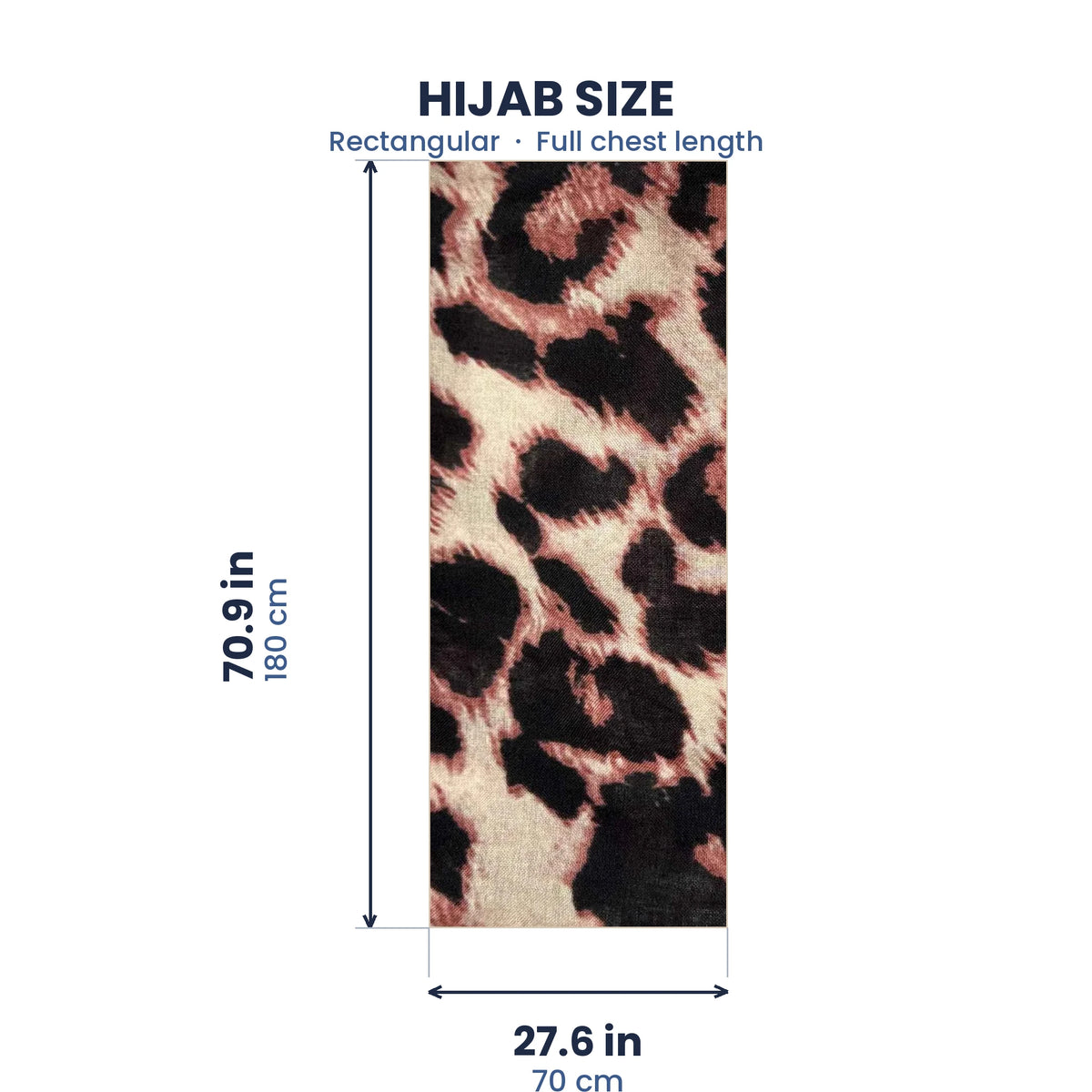 Size guide for the leopard print hijab, 70.9 by 27.6 inches