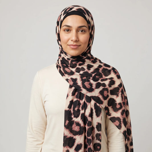 Woman wearing a leopard print hijab in black and dusty pink