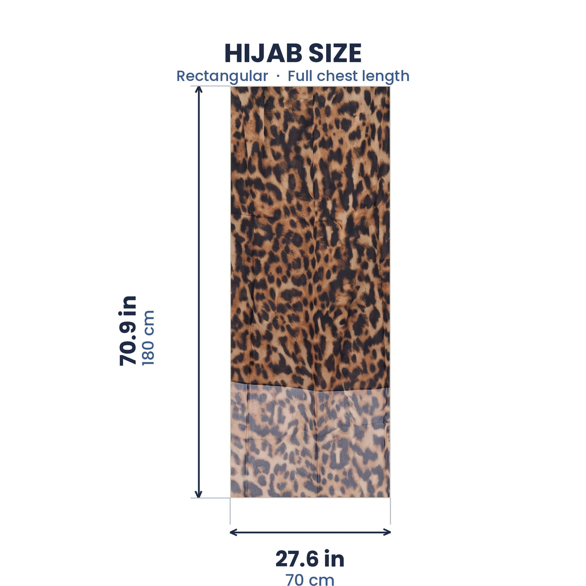 Size guide for the leopard print hijab, 70.9 by 27.6 inches