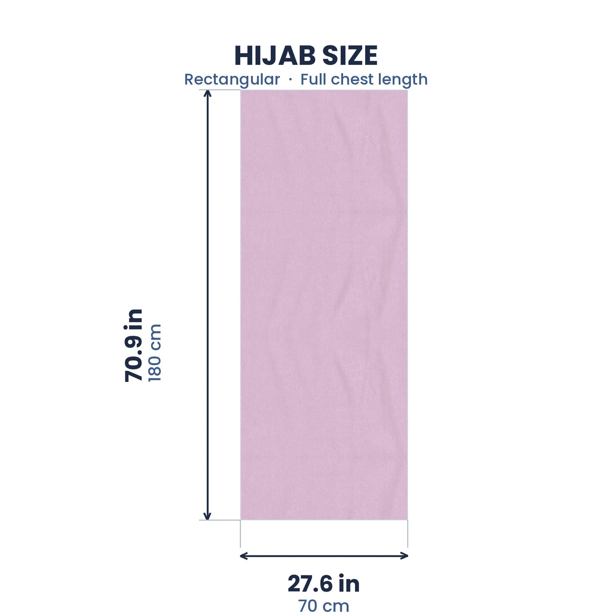 Size guide for the light purple jersey hijab, 70.9 by 27.6 inches