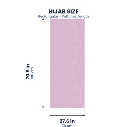 Size guide for the light purple jersey hijab, 70.9 by 27.6 inches