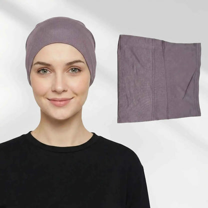 Mauve grey hijab undercap worn on the head, shown beside the folded tube-style cap